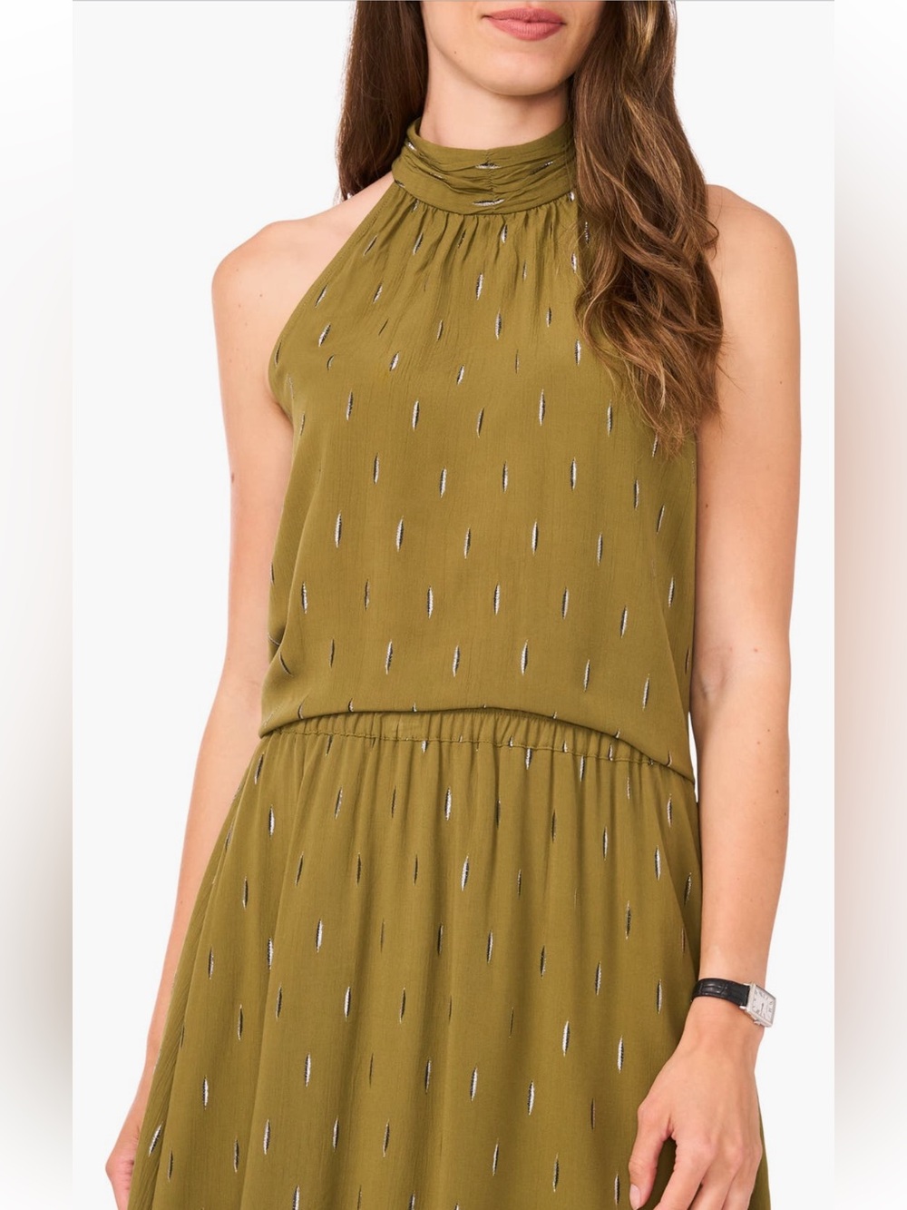 Halogen Embroidered High Neck halter tank top blouse shirt Olive moss XL NWT